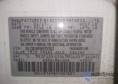 2017 Nissan Sentra Sr Turbo z USA, uszkodzony, nr VIN 3N1CB7AP8HY257827